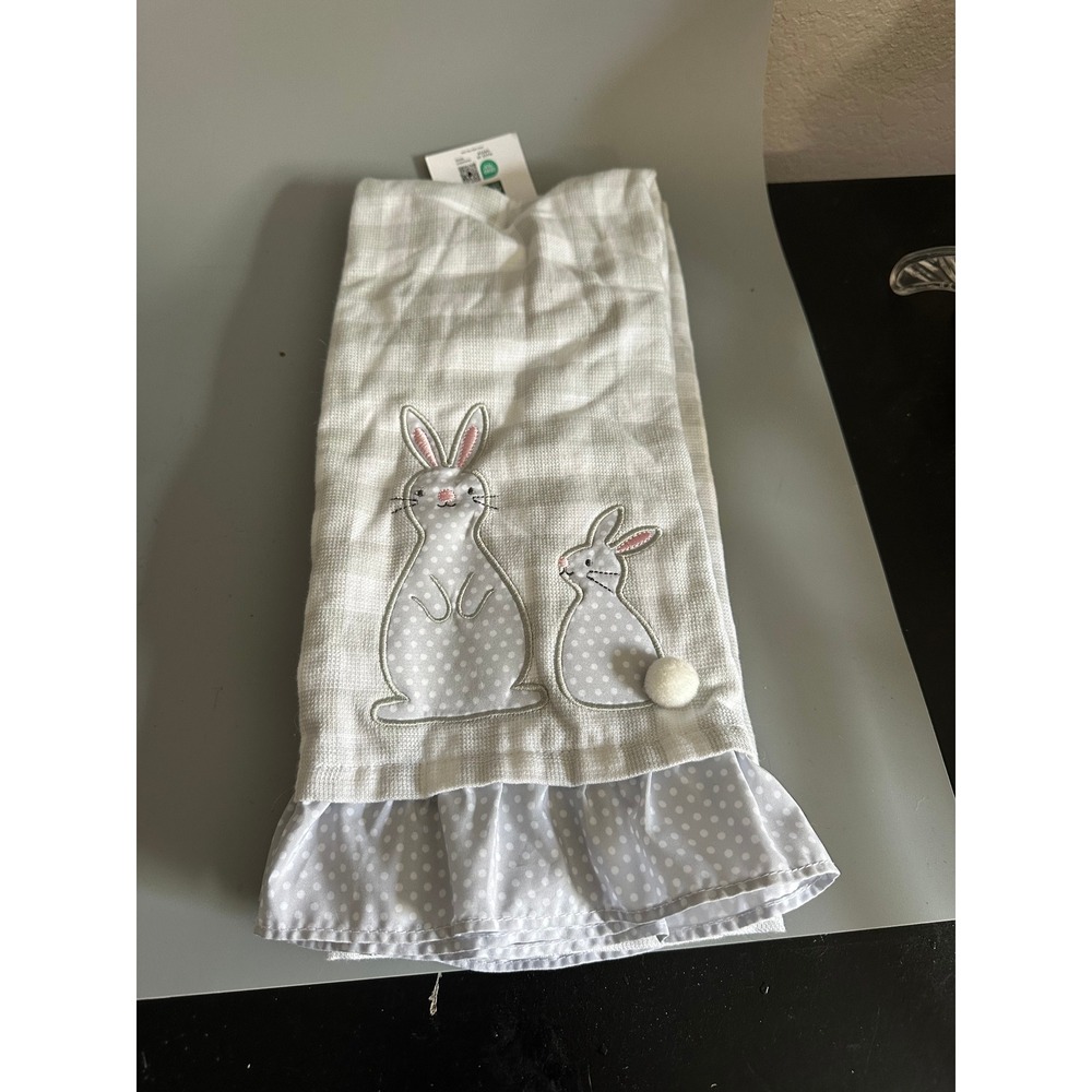 Shabby Chic Set of 2 Kitchen Towels Gray White Bunny Rabbit Ruffle Cotton Bamboo